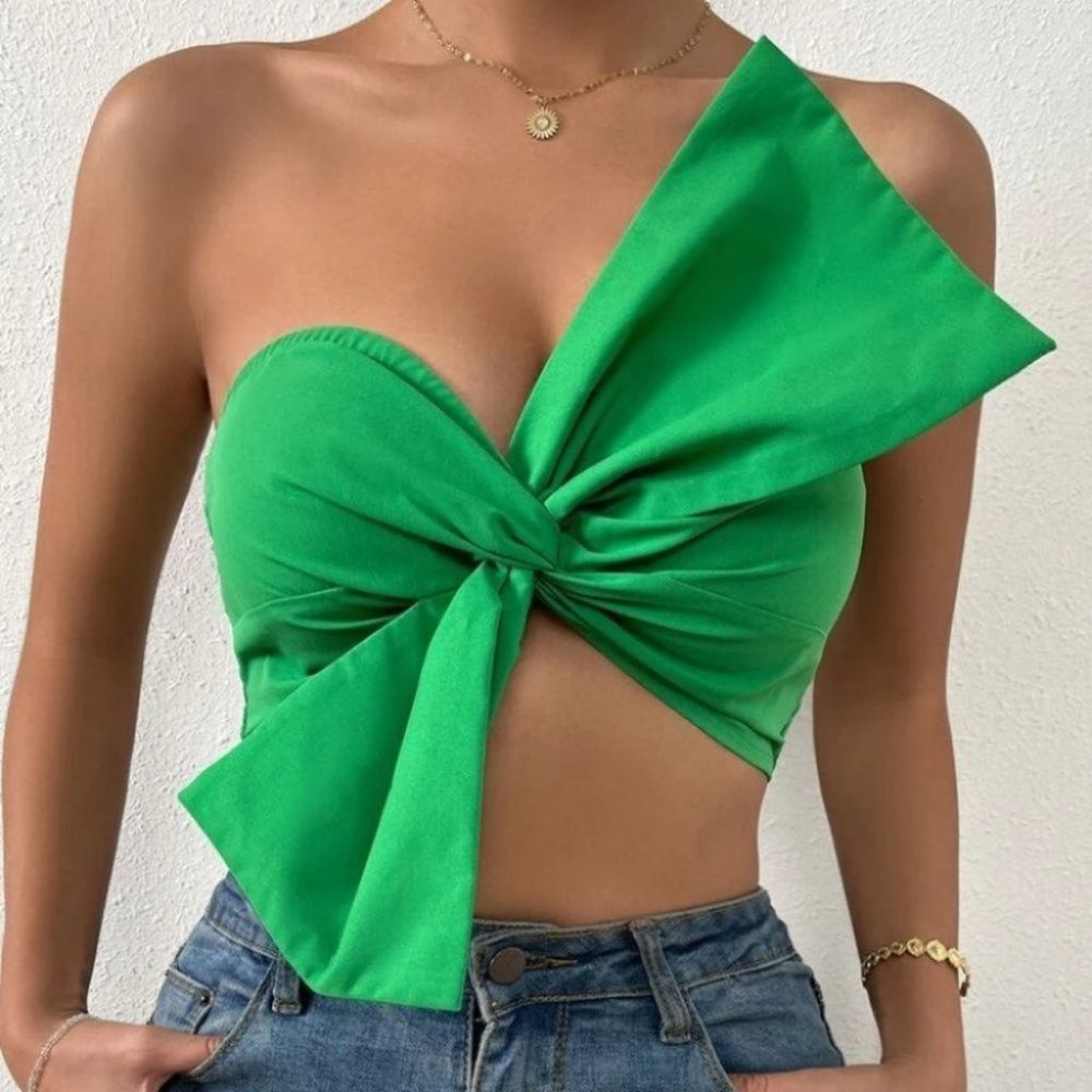 Girly Bow Cropped Top Shirt Green - Picture 5 of 5